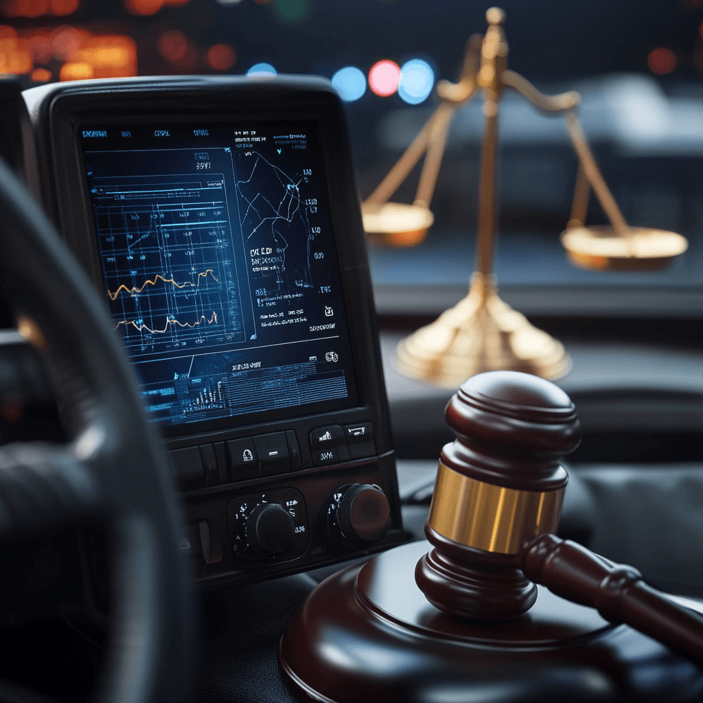 Truck dashboard showing an ELD display alongside a legal gavel, representing the FMCSA’s decision to revoke ELD certifications.