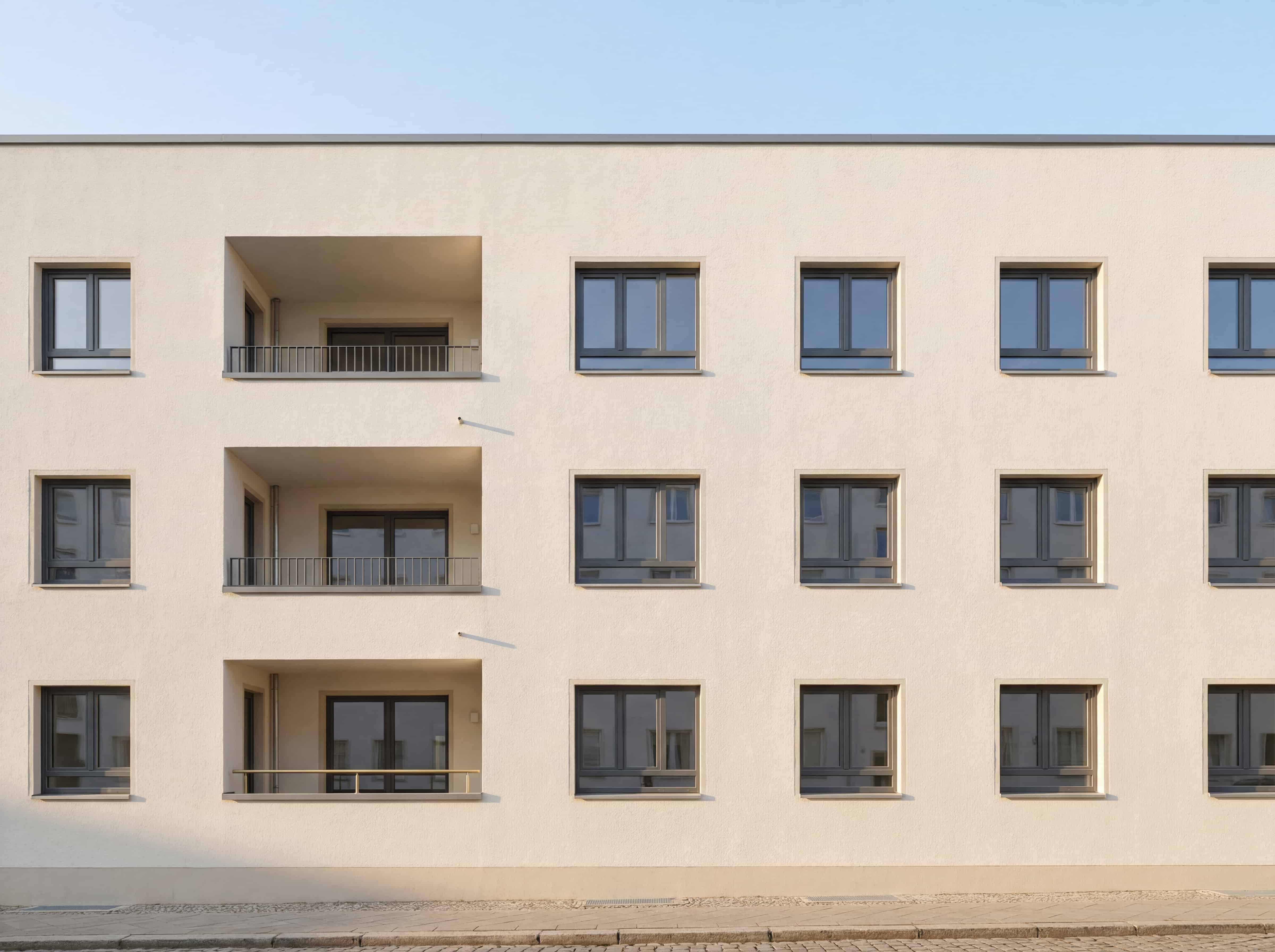 Helle Fassade eines Mehrfamilienhauses mit gleichmäßigen Wohneinheiten und Balkonen