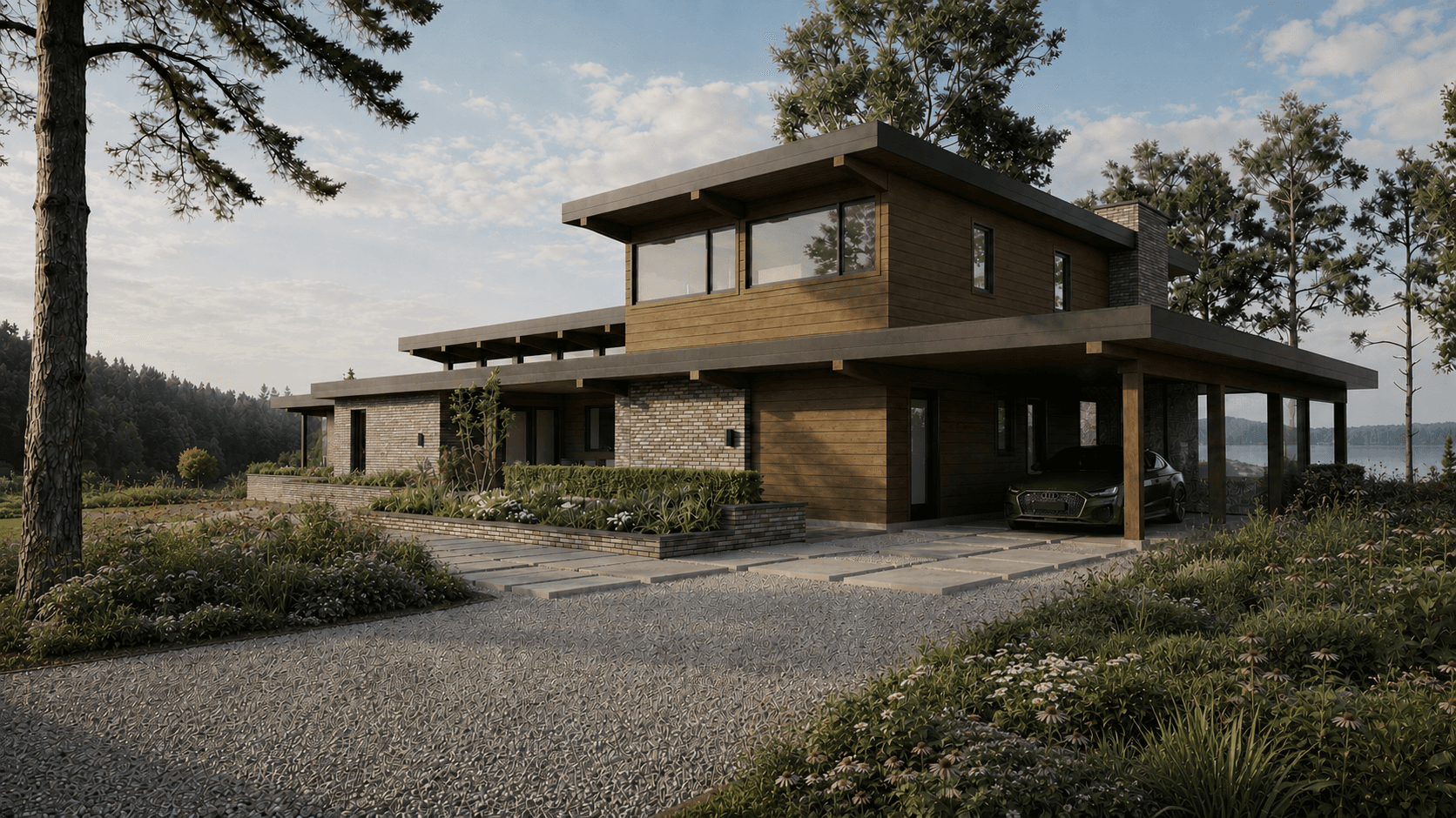 Mid-century modern building with two stories and a car-port