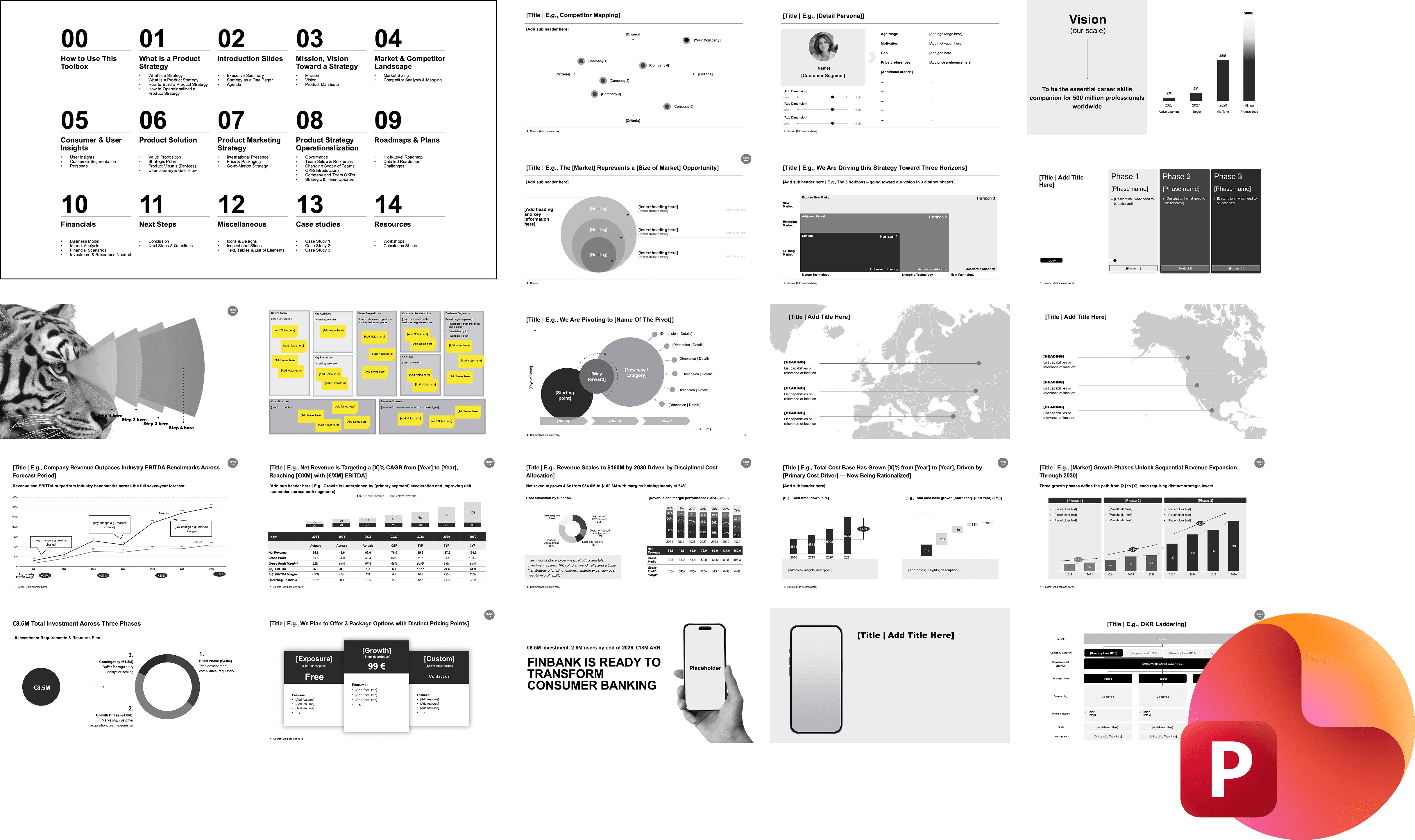 Grid of slide thumbnails from the Product Strategy Toolbox showing over 500 professionally designed presentation slides, including the numbered agenda overview, frameworks for mission and vision, market and competitor analysis, product solution, financials, case studies, workshop templates, and design elements, displayed alongside a PowerPoint icon.