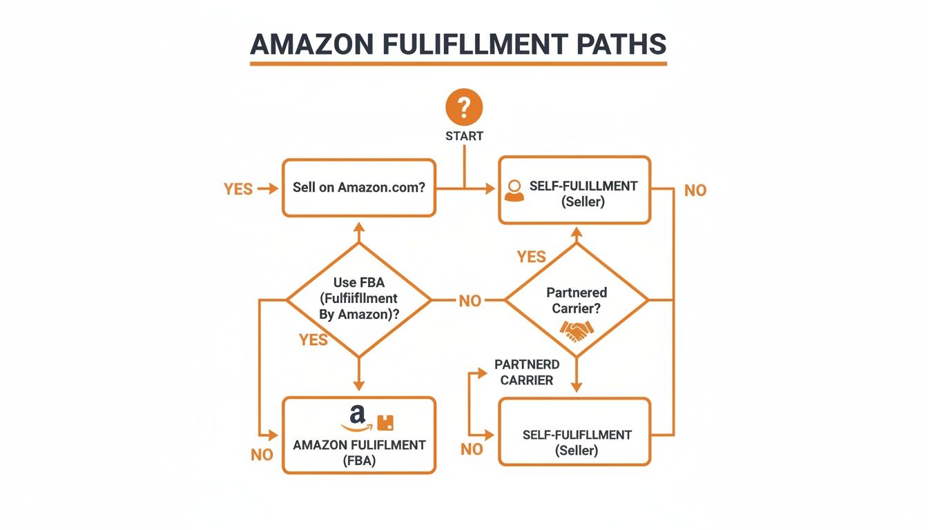 Flowchart illustrating Amazon fulfillment paths: Sell on Amazon, FBA, partnered carrier, or self-fulfillment options.
