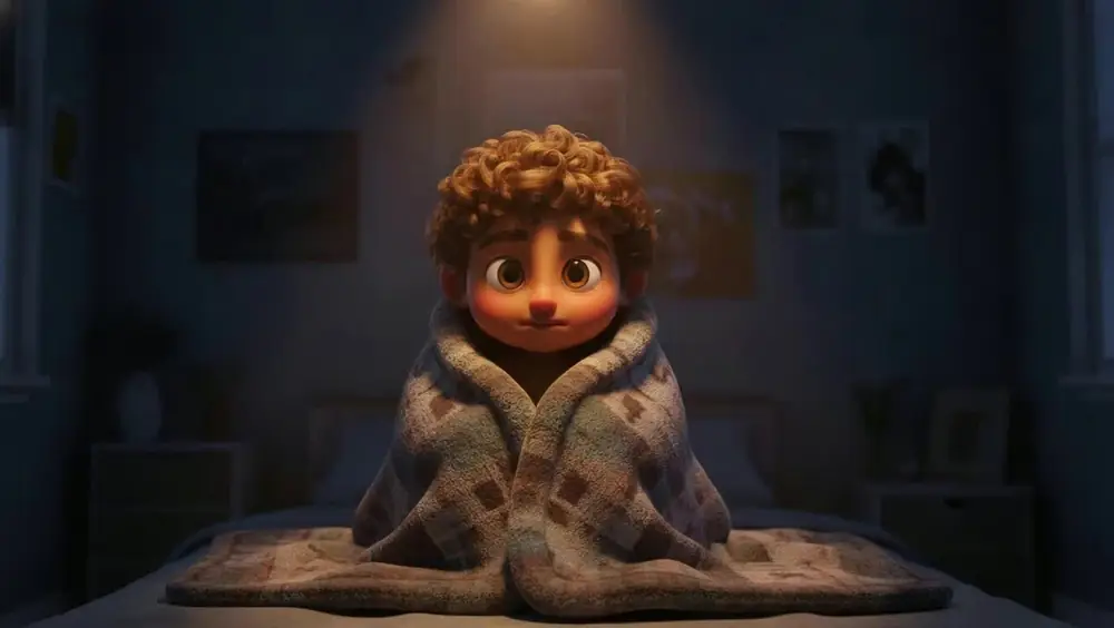 Scene 16: the boy huddled under a blanket in a dark bedroom