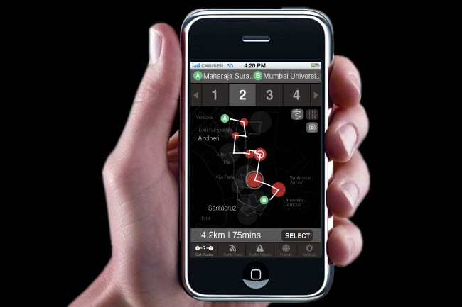 A hand holds a smartphone displaying a map application. The screen shows numbered points (1, 2, 3, 4) connected by red lines, with locations marked: "Vancouver," "Four Bungalows," "Andheri," "Santacruz," and "Khur." The time displayed is 4:20 PM. The bottom of the screen shows "4.2km / 75mins" and "SELECT." Navigation buttons are visible at the bottom of the screen.