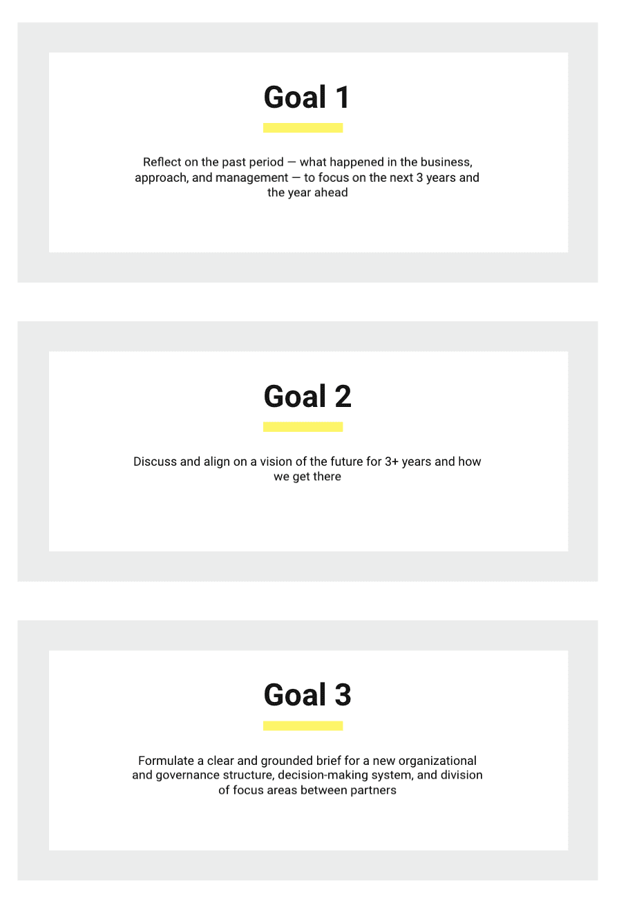 Three goals of a partner synchronization session: retrospective of the past period, aligning on a 3+ year vision, and formulating a brief for a new organizational and governance structure.