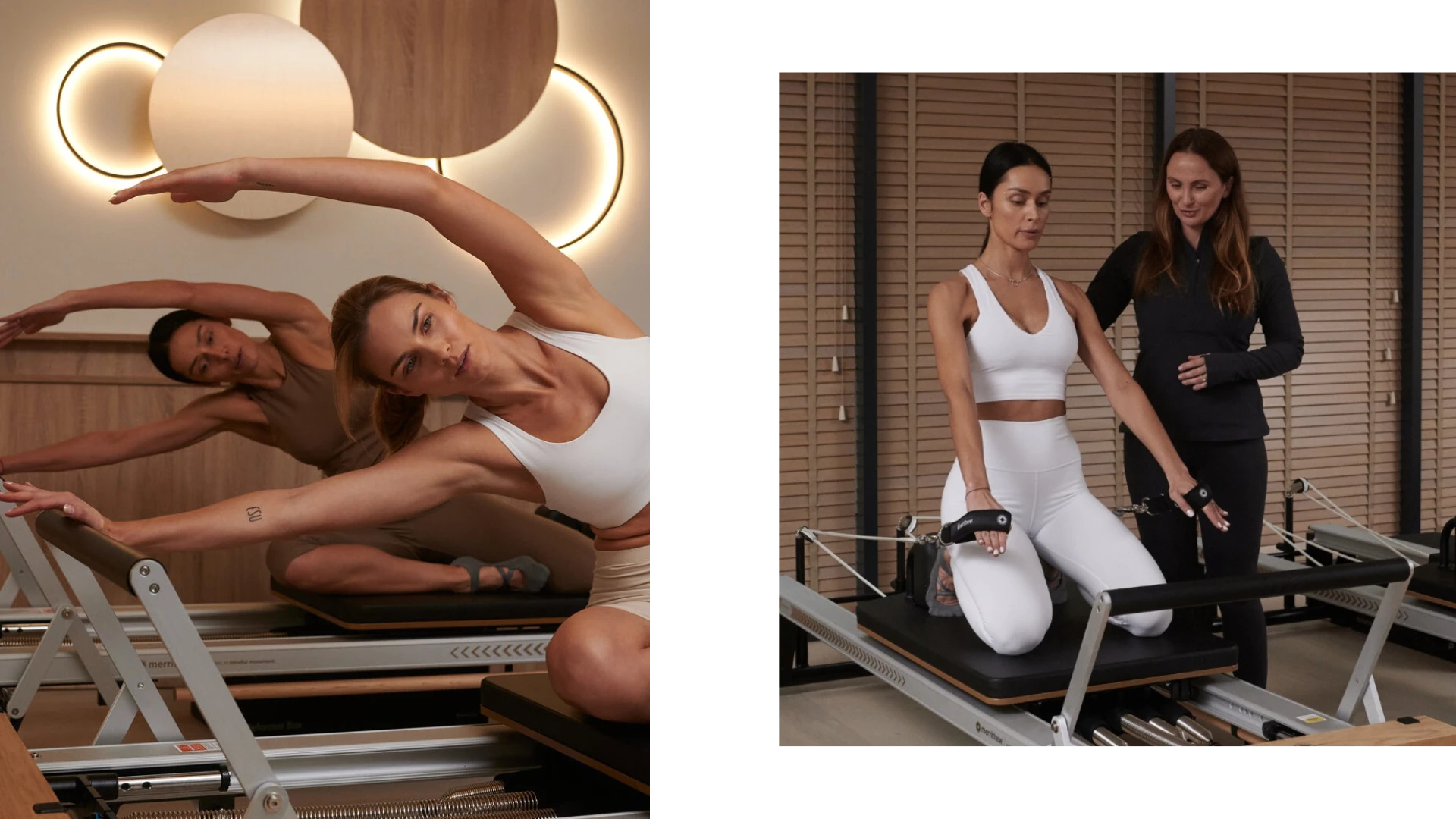 Two people stretching on Pilates reformer machines in a studio