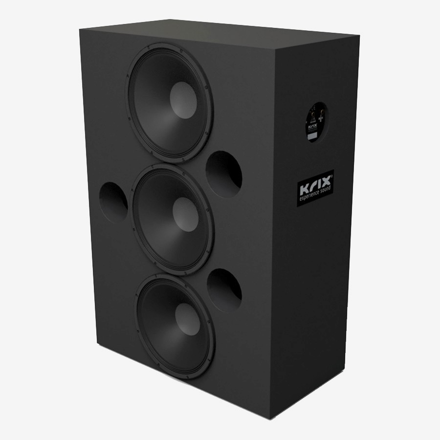 Black Krix speaker with three large woofers and two ports.