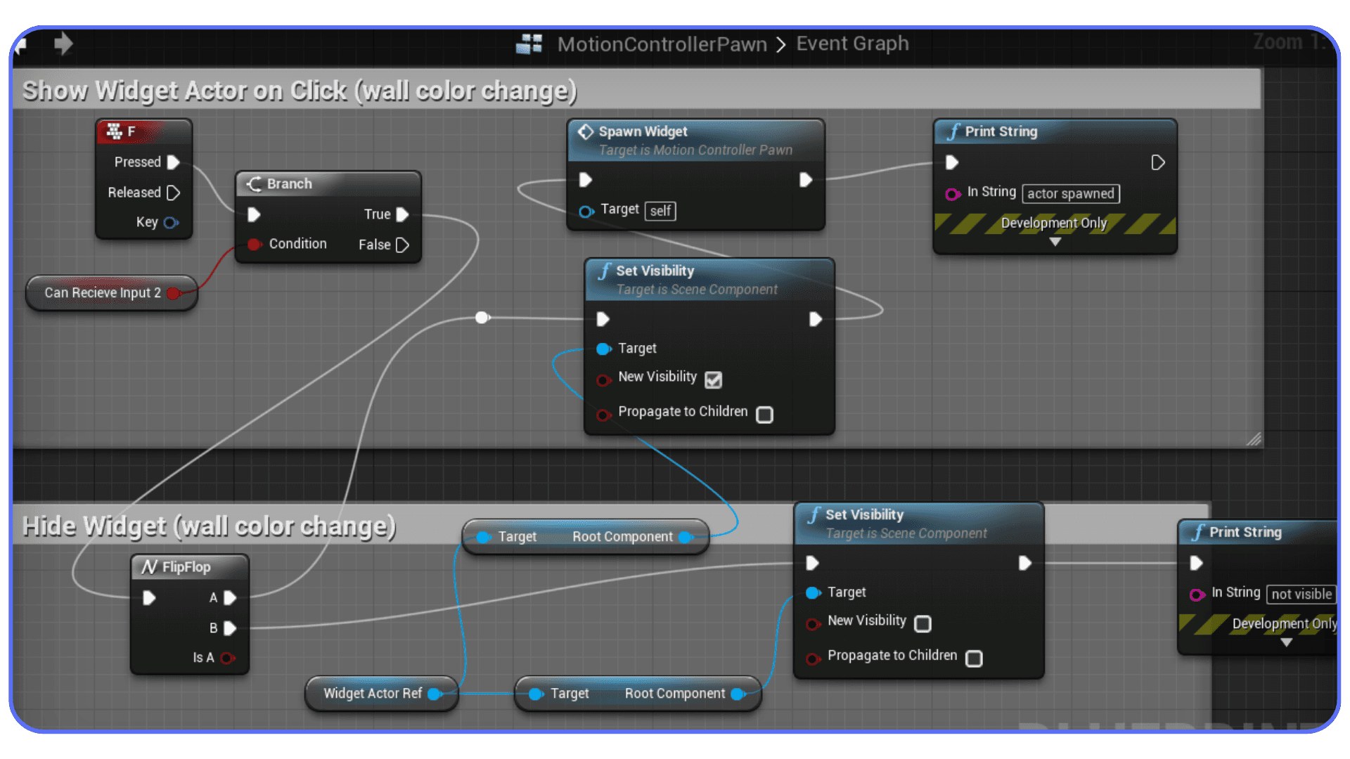 Blueprint visual scripting graph used for interaction logic in Unreal Engine