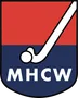 The image shows a logo featuring a stylized hockey stick and ball above the letters "MHCW" in bold text, with a red and blue divided background.