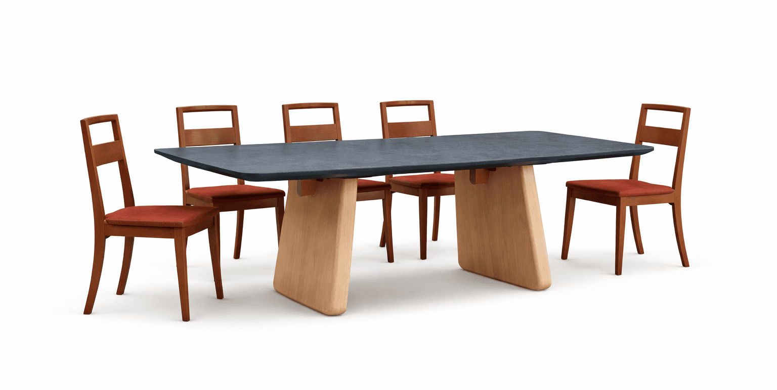 Modern styled dining table with thick central pedestal and dark tabletop, paired with straight wooden chairs