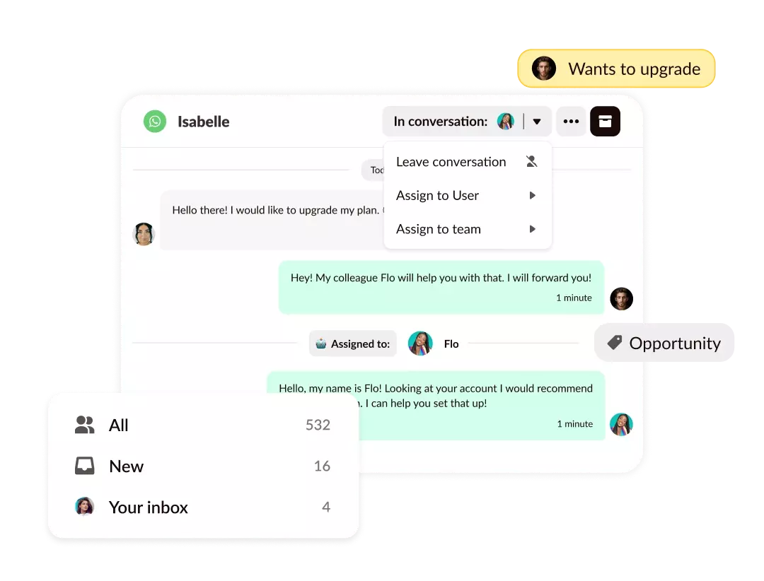 Watermelon inbox assigning a customer upgrade conversation to a team member