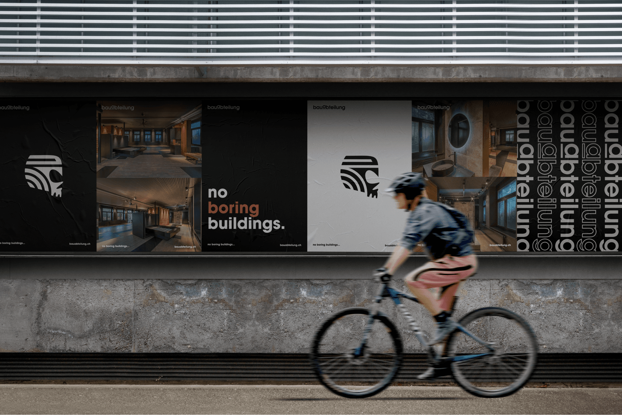 Bauabteilung outdoor advertisement featuring bold typography and a cyclist passing by. Brand awarenes campaign.