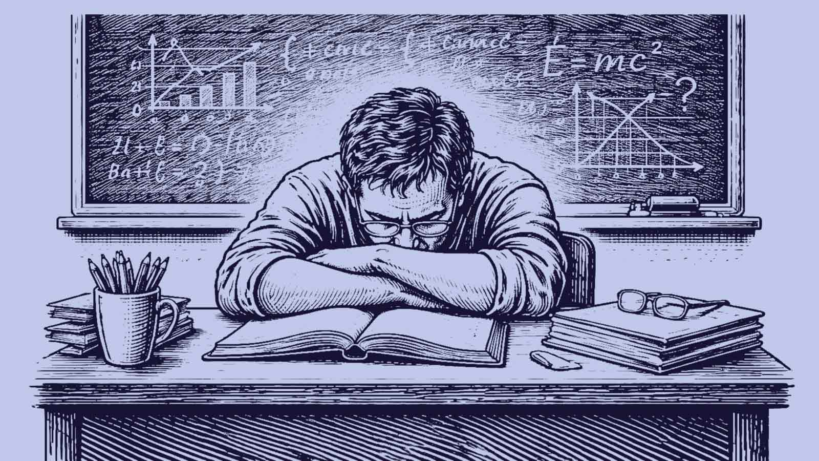 Ilustración de un profesor cansado que descansa sobre una mesa, rodeado de materiales y con una pizarra detrás, en la carta al director Estabilidad de los docentes de IdeaPaís.