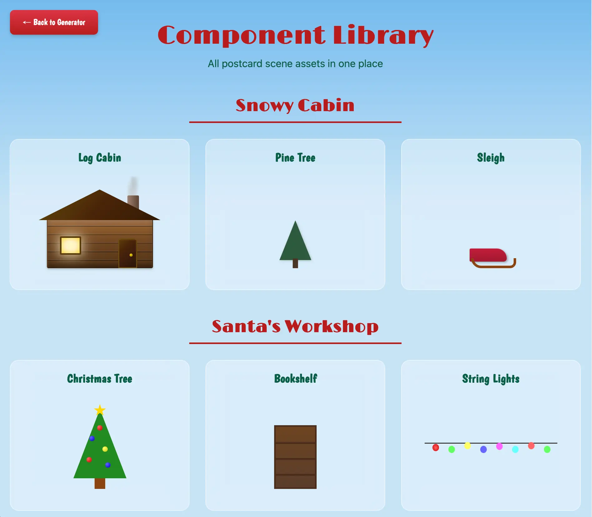 Screenshot of the CSS components library displaying reusable visual elements from each holiday postcard scene, including typography, illustrations, and decorative UI components.