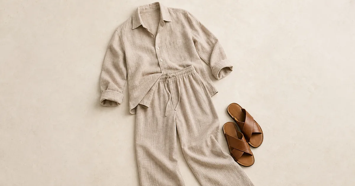 linen pants + matching shirt + leather sandals arranged on a warm ivory background