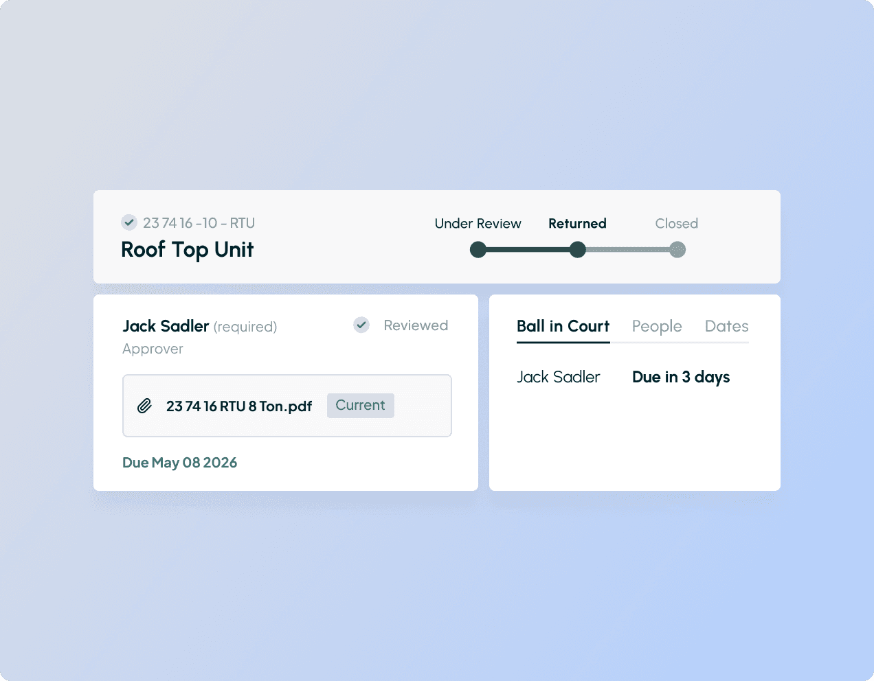 Part3's submittal review process similar to Procore with assigned reviewers and status tracking