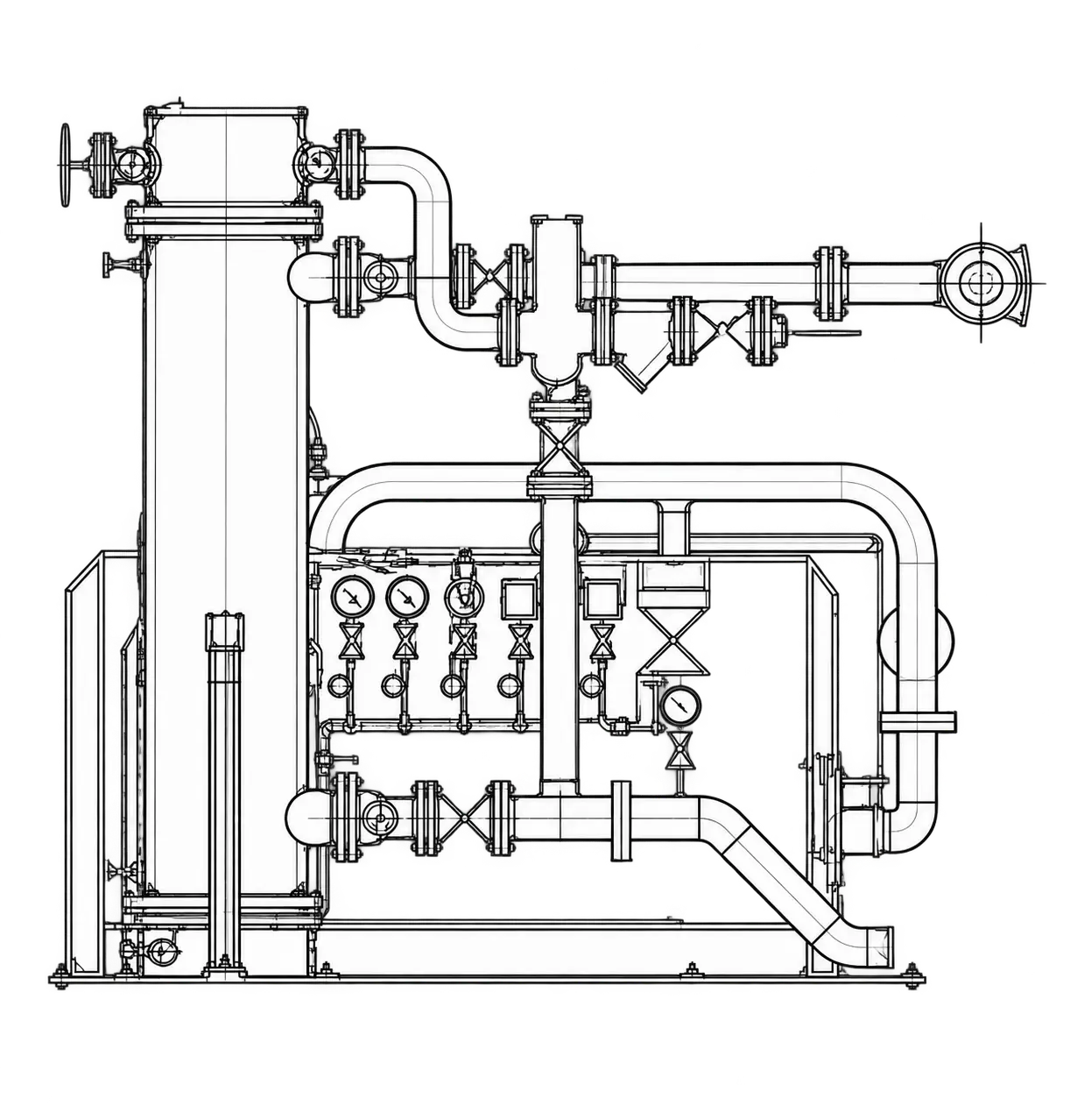 Plan technique AutoCAD d’un skid industriel de tuyauterie, vannes et instrumentation