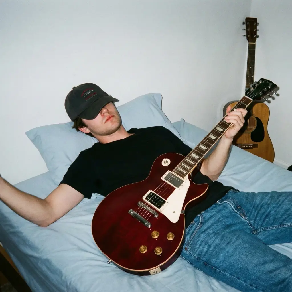 chico joven tocando su guitarra gibson roja en su cama