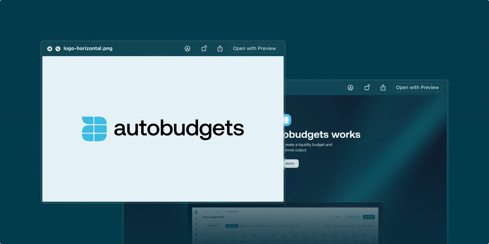 Autobudgets logo with a blue grid icon and black lowercase text, displayed in a file preview over a blurred website background.