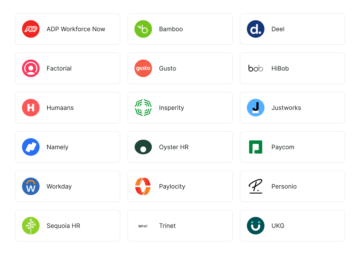 Abacum HRIS connectors including Workday, BambooHR, Personio, Deel, Gusto, HiBob, Paylocity and UKG