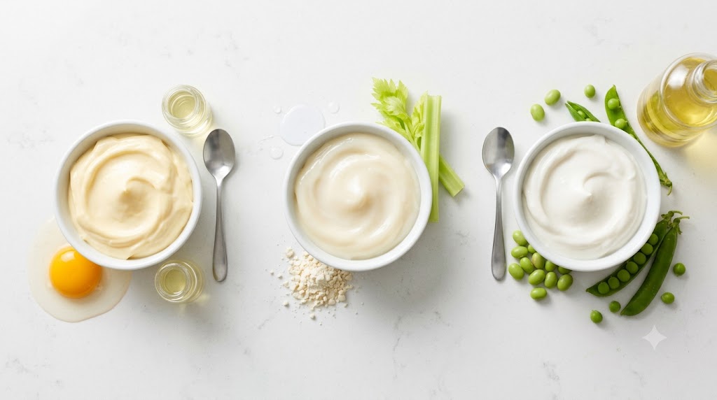 Three small white bowls of mayonnaise arranged on a white marble surface. The left bowl contains regular mayonnaise with raw egg and oil, the center bowl is light mayonnaise with celery and powder, and the right bowl is plant-based mayonnaise with green peas and oil. Teaspoons rest beside each bowl, shown from an overhead perspective.