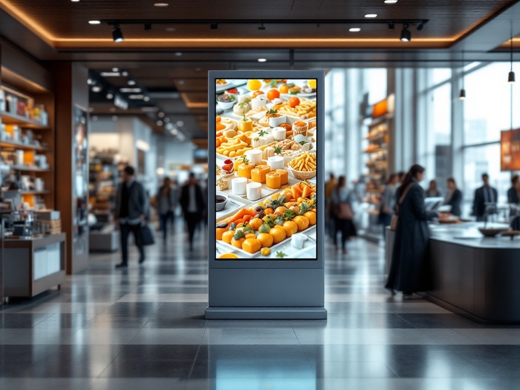 A digital display in a shopping mall showing a variety of food items.