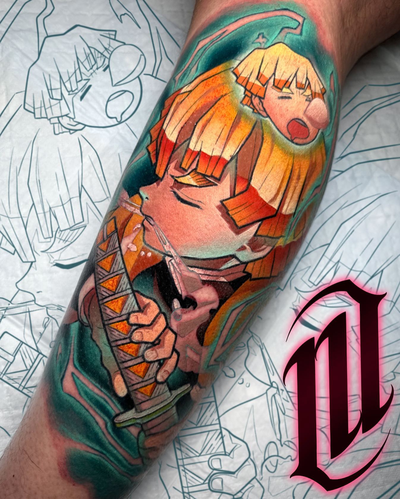 colorful anime tattoo of zenitsu from demon slayer the anime