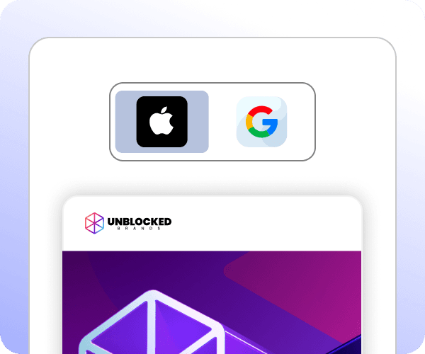 Apple and Google Logos with a small Unblocked window mockup below