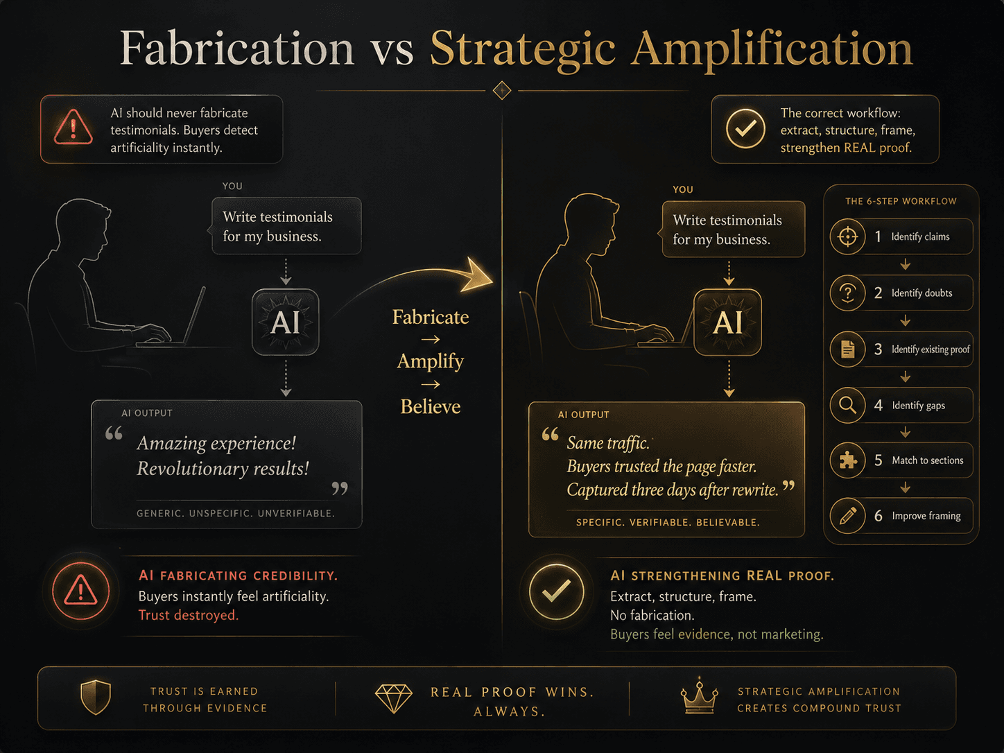 “Fabrication vs Strategic Amplification” Concept: A split-screen comparison showing two ways to use AI with proof.  Left side (Fabrication — Weak): A person silhouette typing into AI: “Write testimonials for my business.” The AI outputs generic, polished text: “Amazing experience! Revolutionary results!” The output is desaturated grey, fake-feeling. A red warning symbol appears. Label: “AI fabricating credibility. Buyers instantly feel artificiality. Trust destroyed.”  Right side (Strategic Amplification — Strong): The same person silhouette, but now following a 6-step workflow: Identify claims → Identify doubts → Identify existing proof → Identify gaps → Match to sections → Improve framing. The AI outputs specific, believable captions: “Same traffic. Buyers trusted the page faster. Captured three days after rewrite.” The output is warm gold, grounded, credible. Label: “AI strengthening REAL proof. Extract, structure, frame. No fabrication. Buyers feel evidence, not marketing.”  A curved arrow points from left to right with the word: “Fabricate → Amplify → Believe.”  Style: Dark charcoal background. Left side: desaturated red/grey, fake, warning symbols. Right side: warm gold/amber, structured, credible, checkmarks.  Interaction: Hovering the left side reveals: “AI should never fabricate testimonials. Buyers detect artificiality instantly.” Hovering the right side reveals: “The correct workflow: extract, structure, frame, strengthen REAL proof.” A toggle switches between “Fabrication Mode” and “Strategic Amplification Mode.”