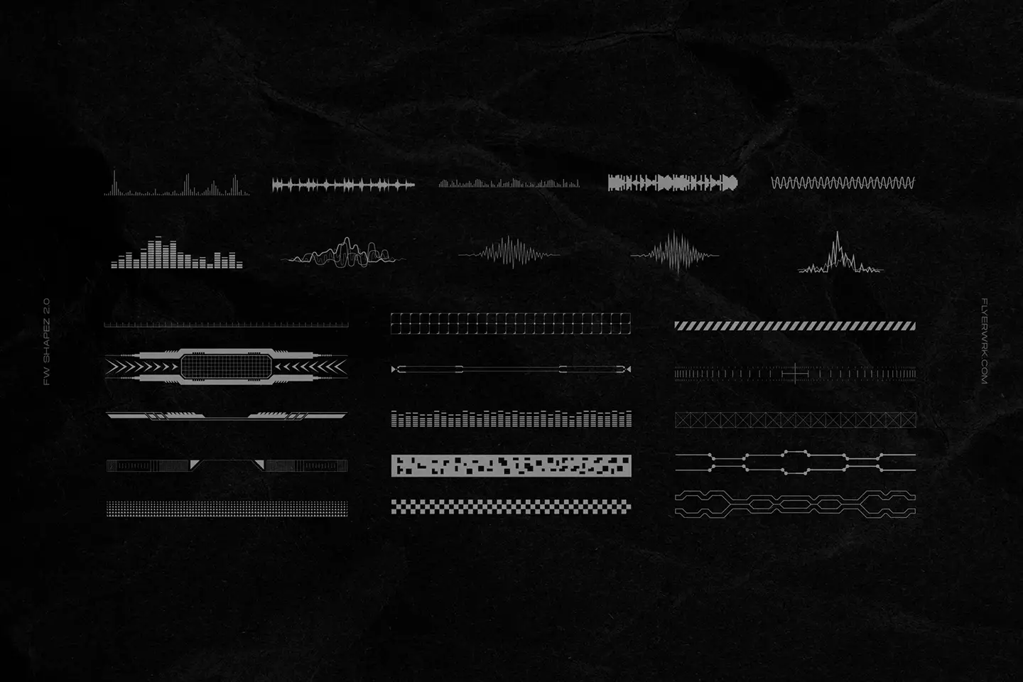 Retro Futuristic Shapes waveform vector elements with audio visualizers and signal graphics