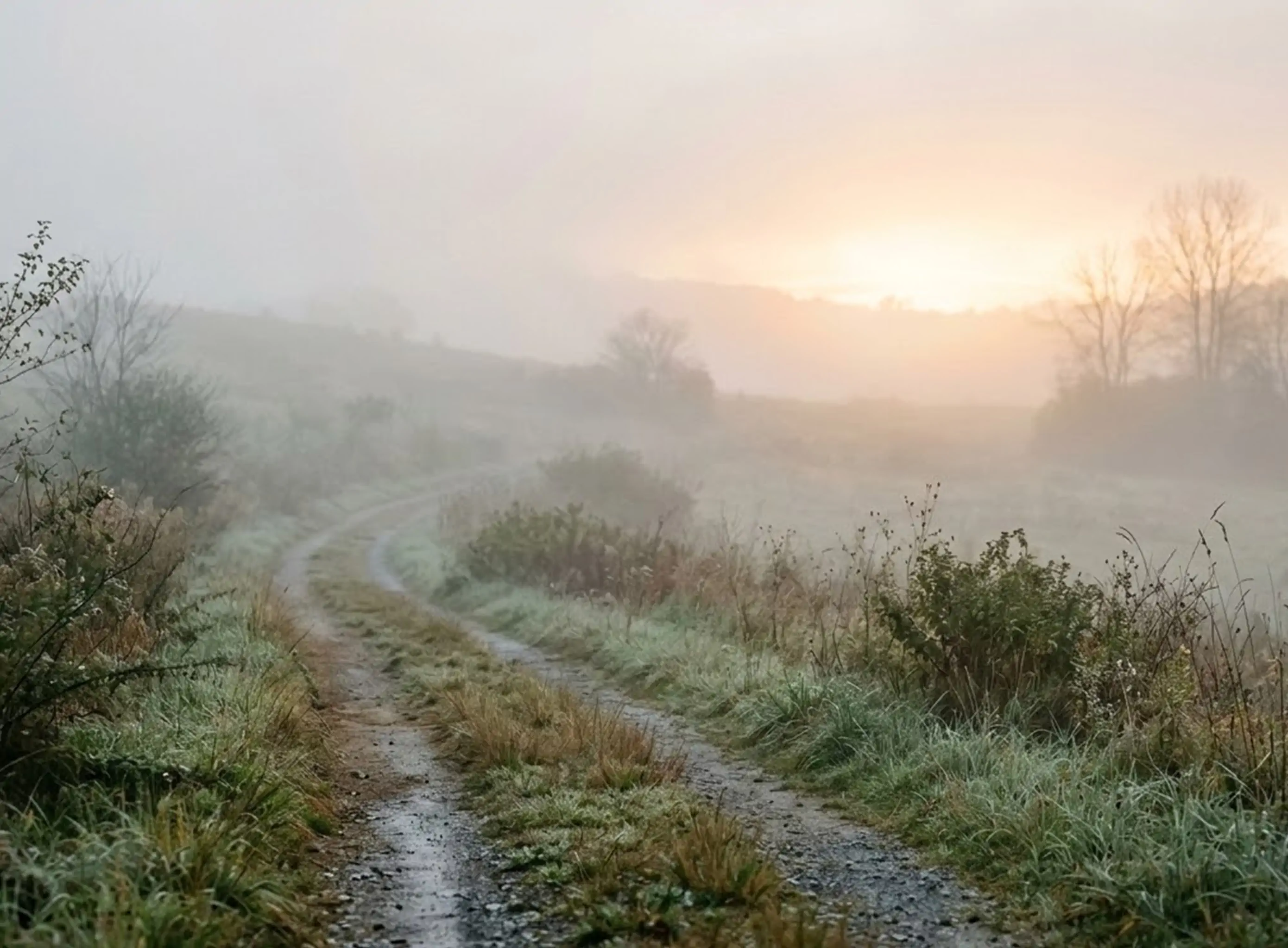 Chemin dans la brume menant vers une lumière, symbolisant le parcours et les démarches à suivre après un décès en Suisse