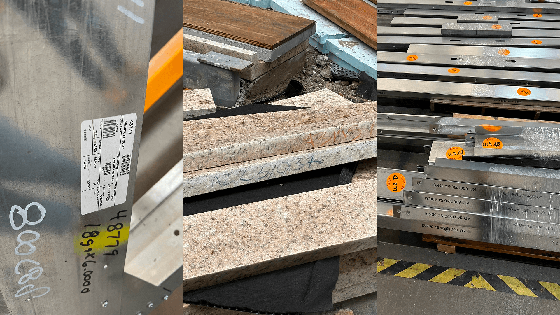 Three photos of tracked fabrication materials: left, a steel member with a mill certificate label (supplier, heat number, gauge, barcode) plus a handwritten part number; center, granite facade slabs marked by hand with reference codes in red and blue; right, stacked light-gauge steel framing members labeled with printed part IDs and orange coded stickers.