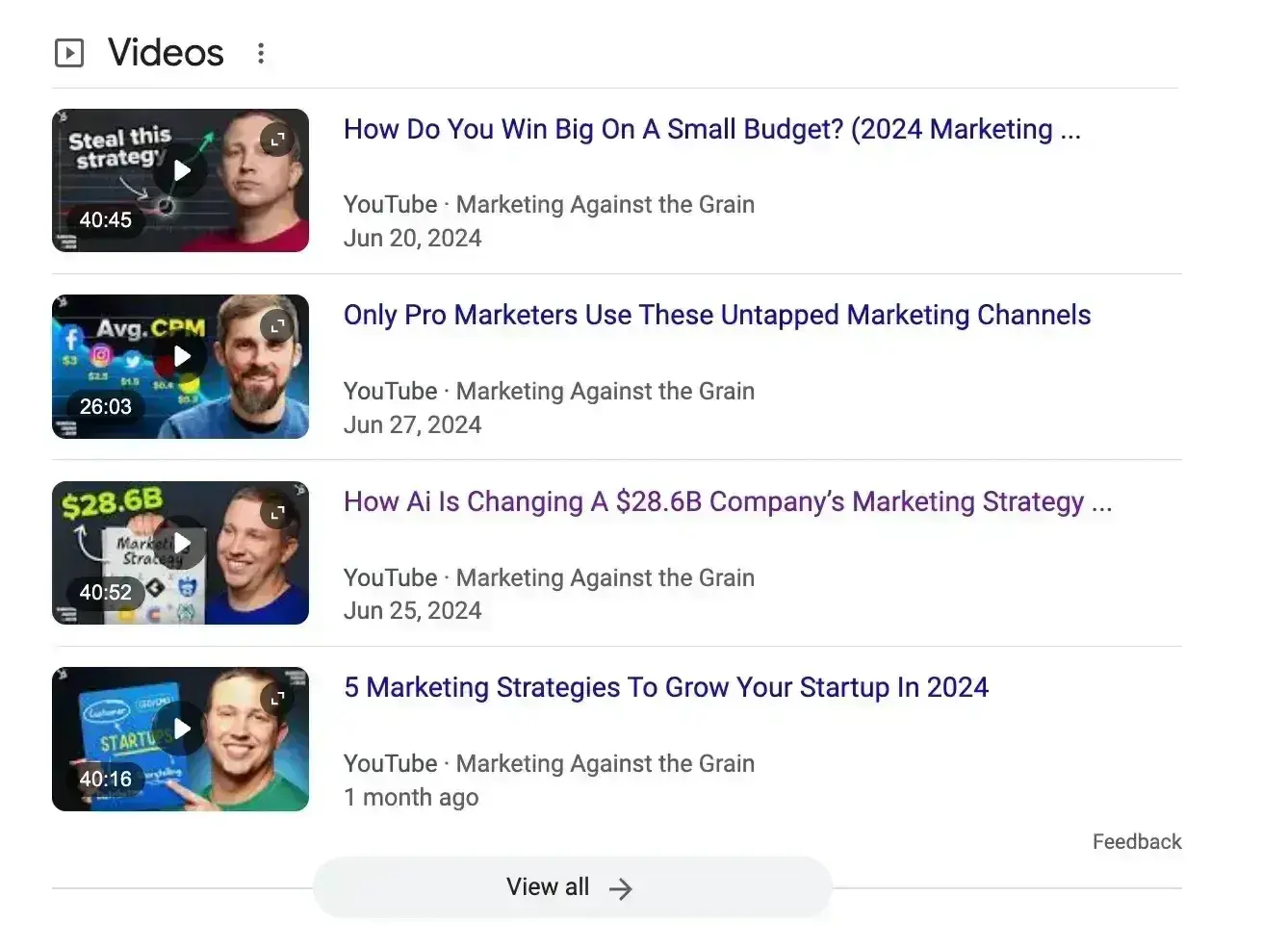 seo keyword research, screen grab of video snippets for keyword research