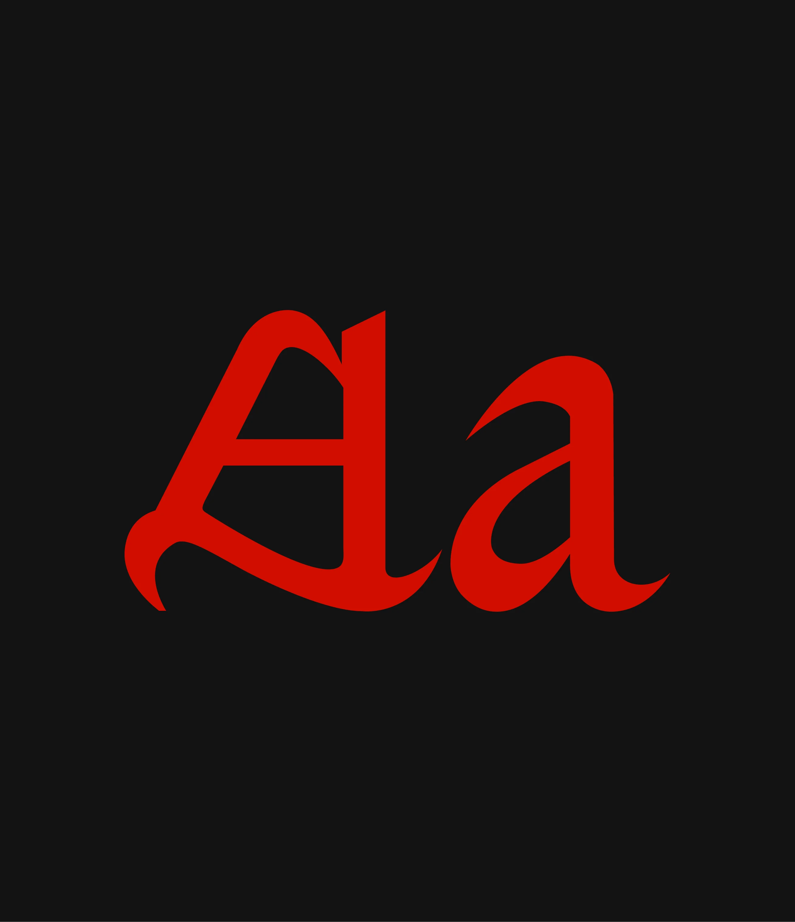 Un fond noir présente un monogramme rouge composé des lettres « A » et « a », dans un style typographique gothique et élégant.