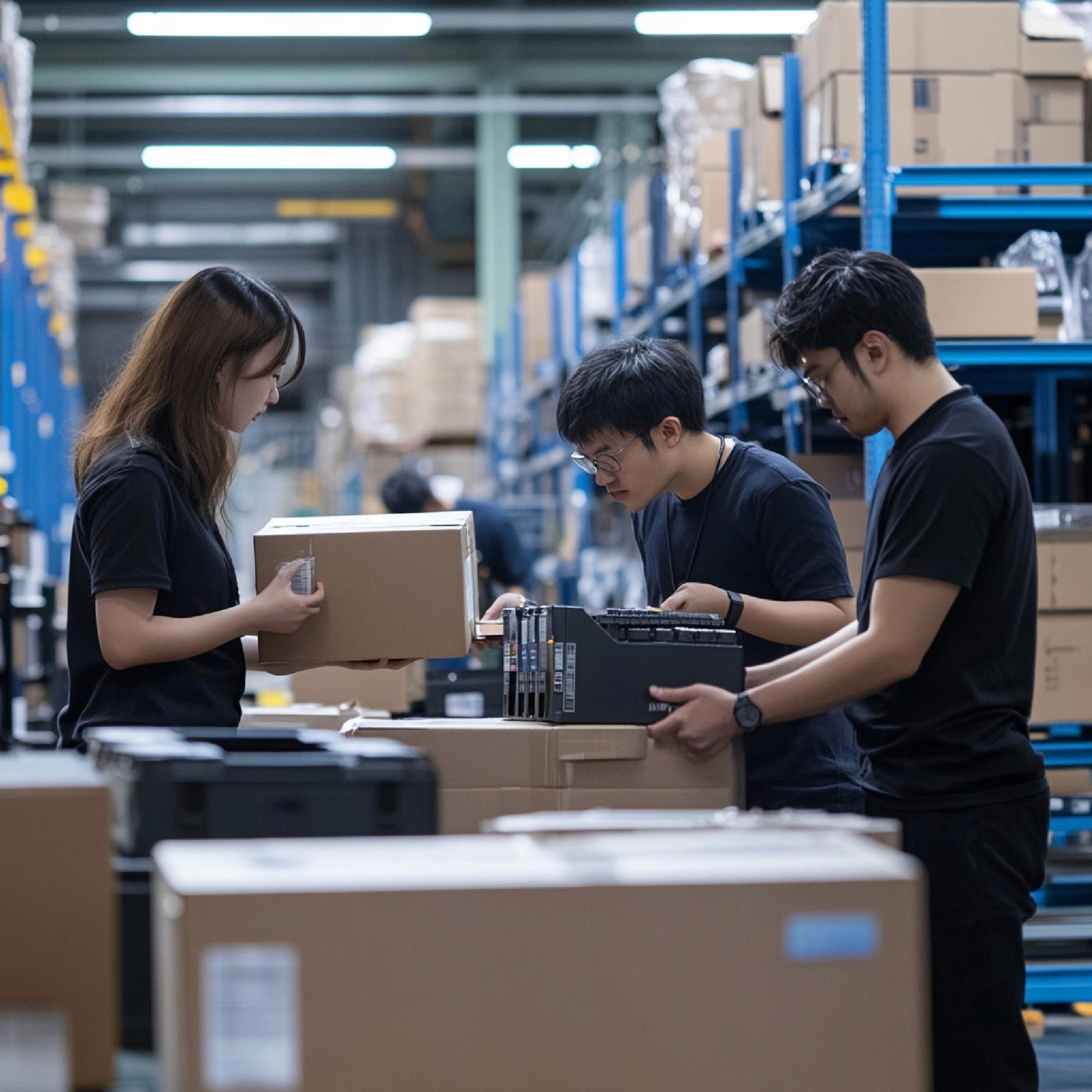 Drei Personen stehen, umgeben von verpackten Produkten in Kartons.