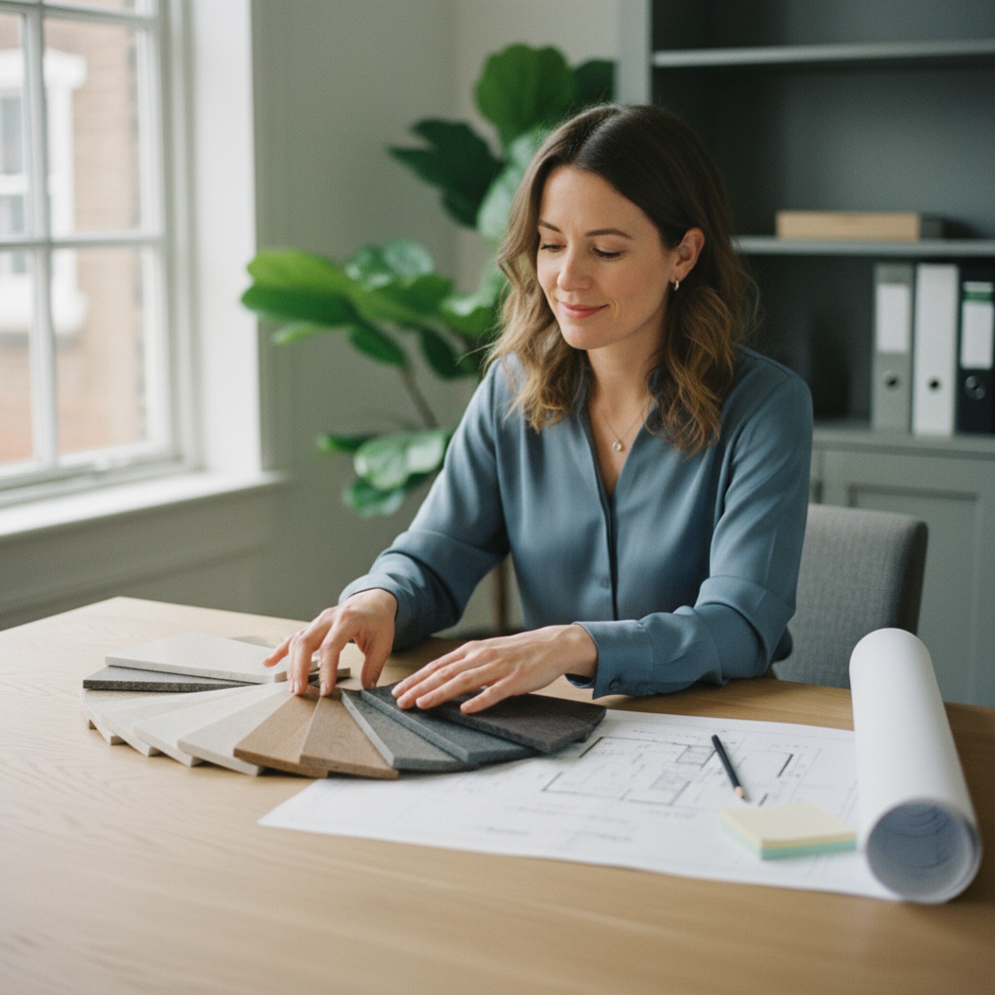 Im Beratungsraum sortiert eine Mitarbeiterin Musterplatten nach Farbe und Haptik. Ein Ausdruck mit Maßen liegt neben einem Bleistift und Haftnotizen. Durch das Fenster fällt weiches Licht auf die aufgeräumte Tischfläche. Alles wirkt bereit für einen gut vorbereiteten Termin.