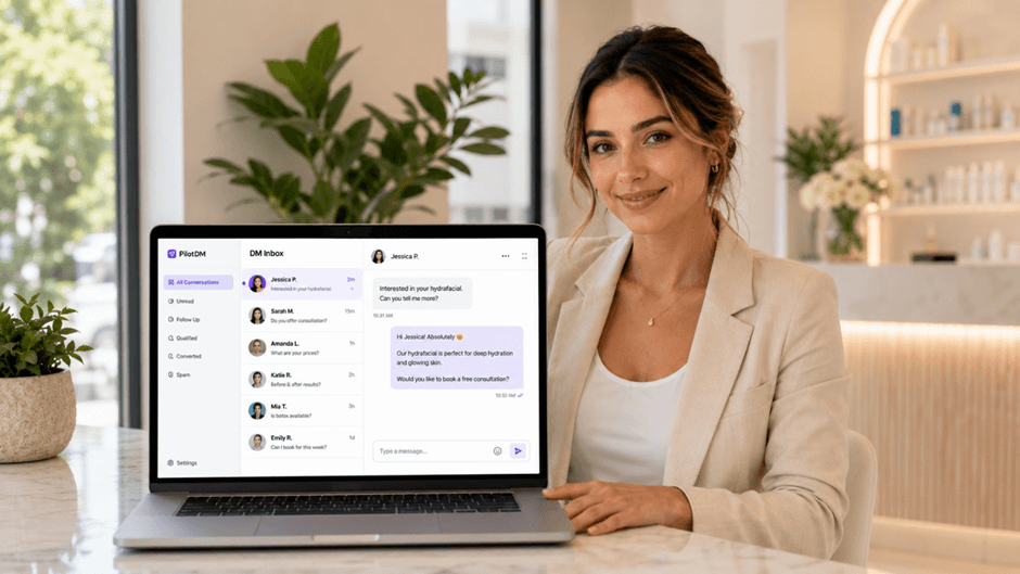 Business owner calmly reviewing qualified Instagram DM leads on a laptop in a clinic setting
