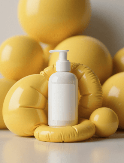 A white pump bottle with a blank label is surrounded by large, smooth yellow spheres. The setting is bright and modern, conveying a clean and cheerful tone.