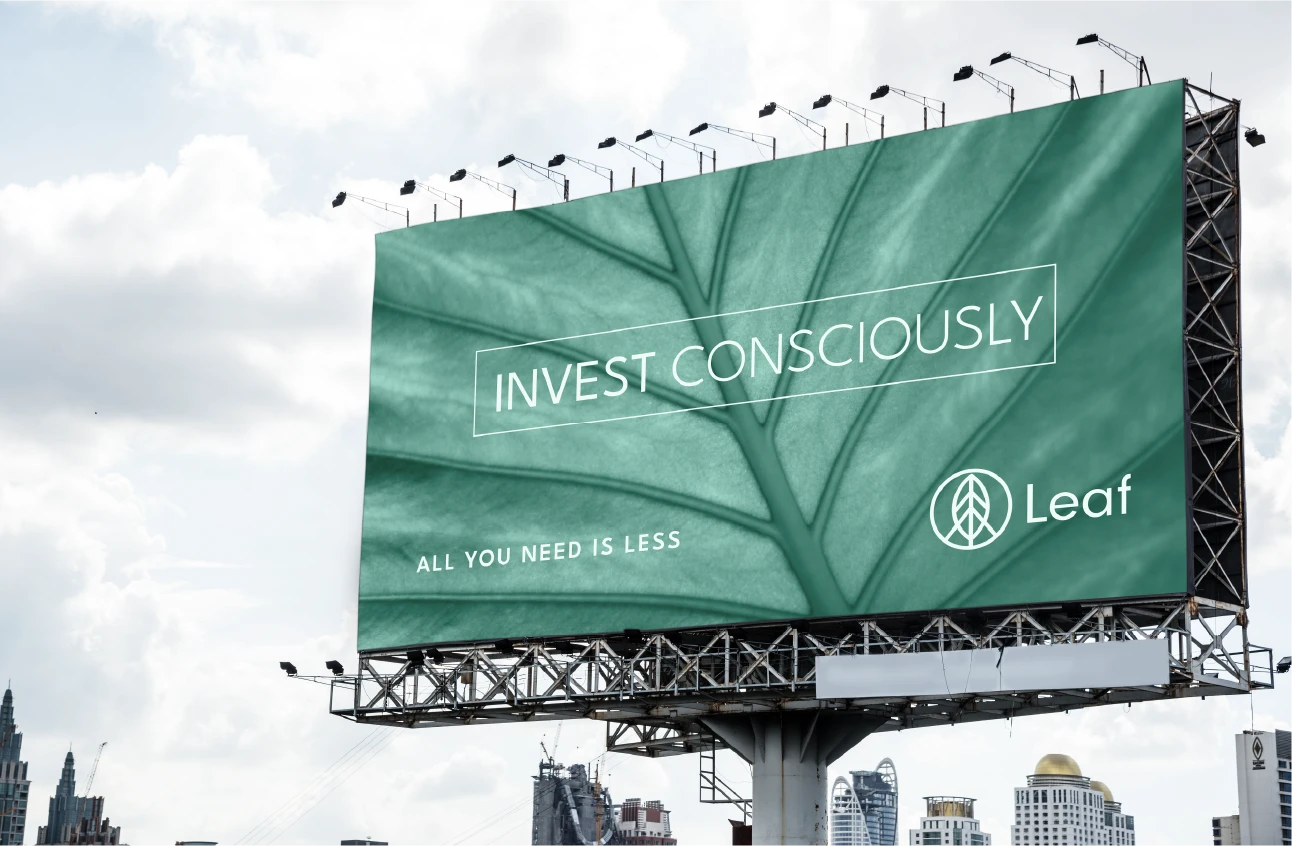 A presentation brand touchpoints (office wall and a billboard) for a sustainable investment company in green and white tones