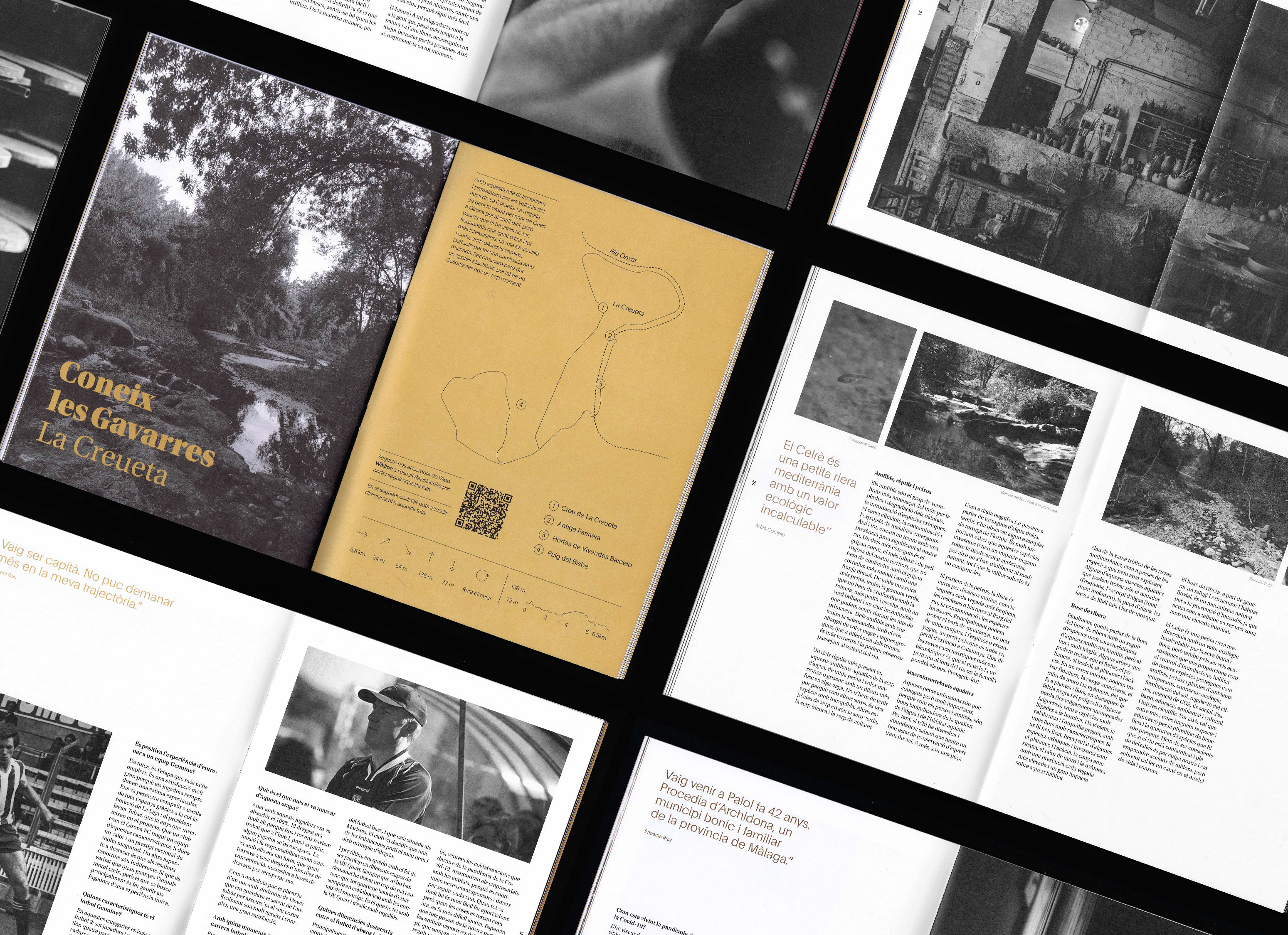 Isometric layout of open magazine spreads showcasing B&W landscape photography, and editorial design elements.