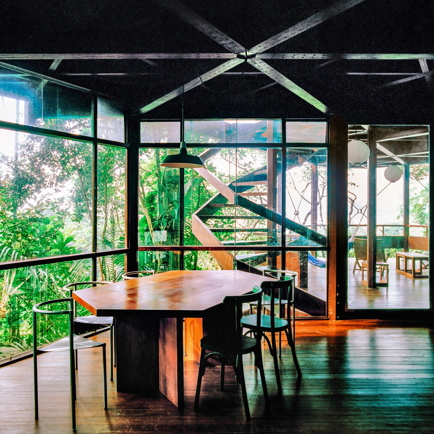 Dining table with large windows