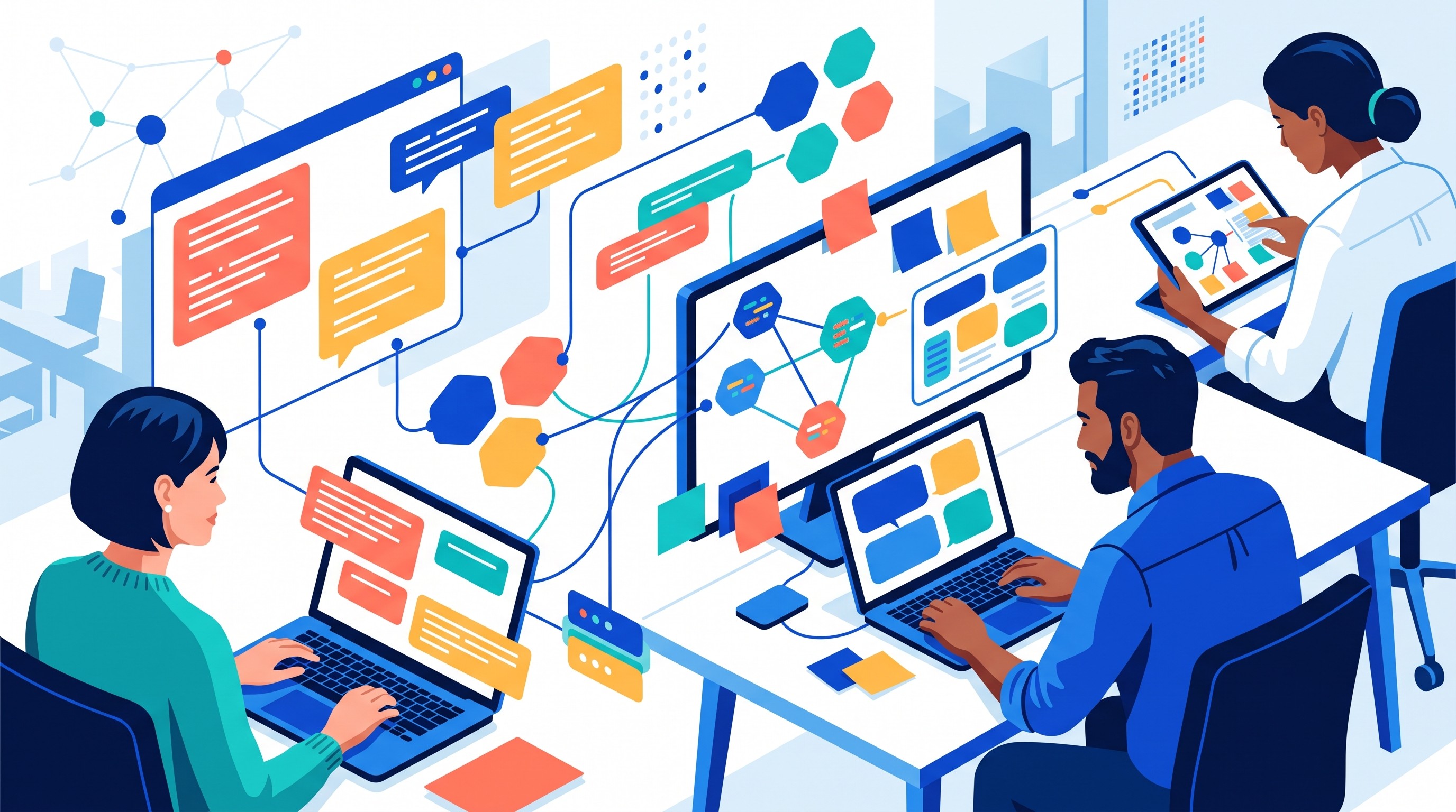 Researchers collaborating on coded interview data