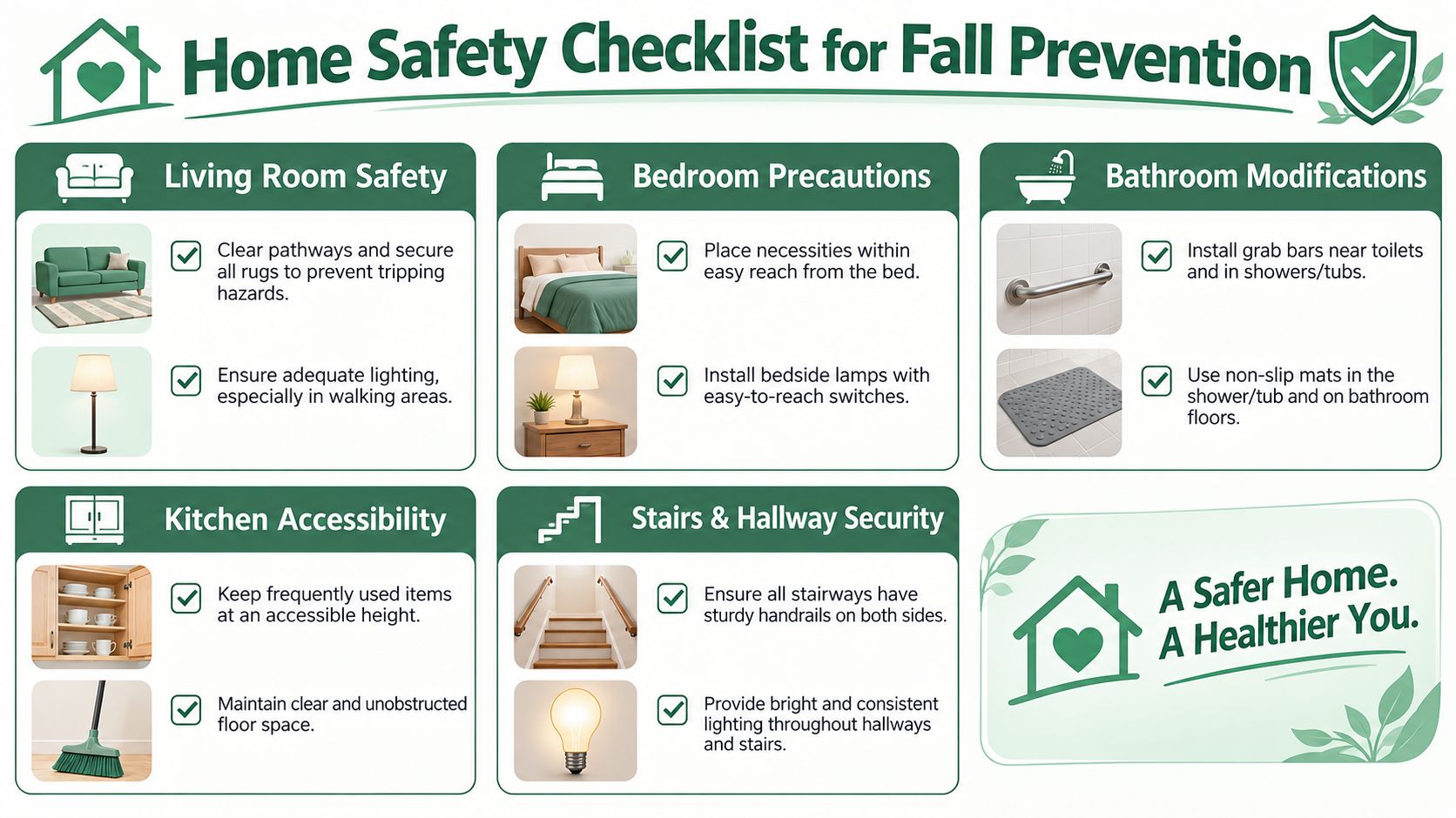 A safety checklist infographic illustrating practical home modifications to help prevent falls for elderly individuals.