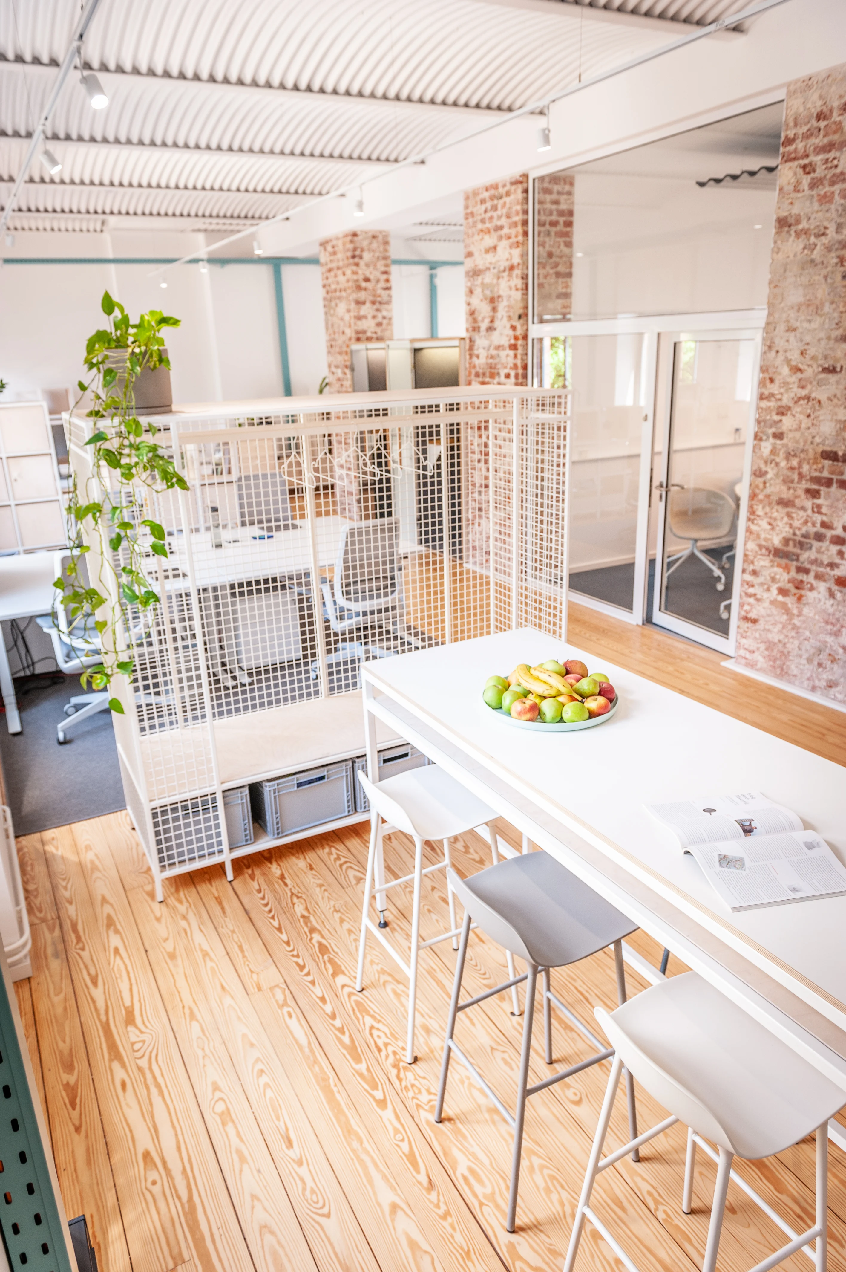 Elevated view of a work area at EHEALTH-TEC with a white standing table, fruit plate and grey bar stools, white mesh room dividers with climbing plants, exposed brick columns and pine flooring.