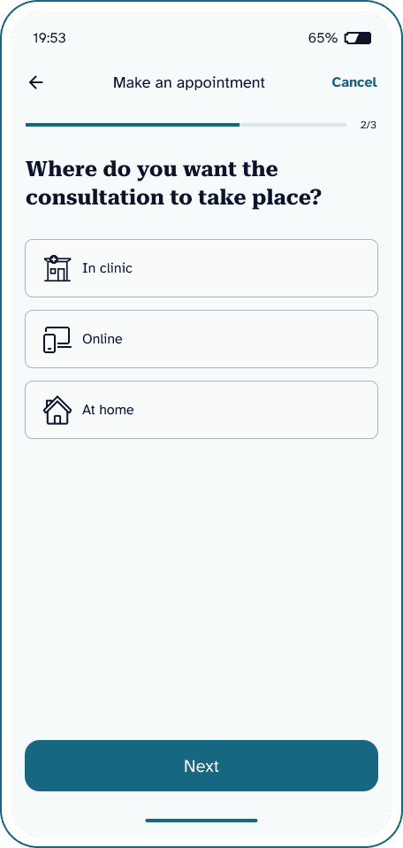 Screenshot of the mobile app screen where the user can select the location for their appointment: in-clinic, online, or at home.