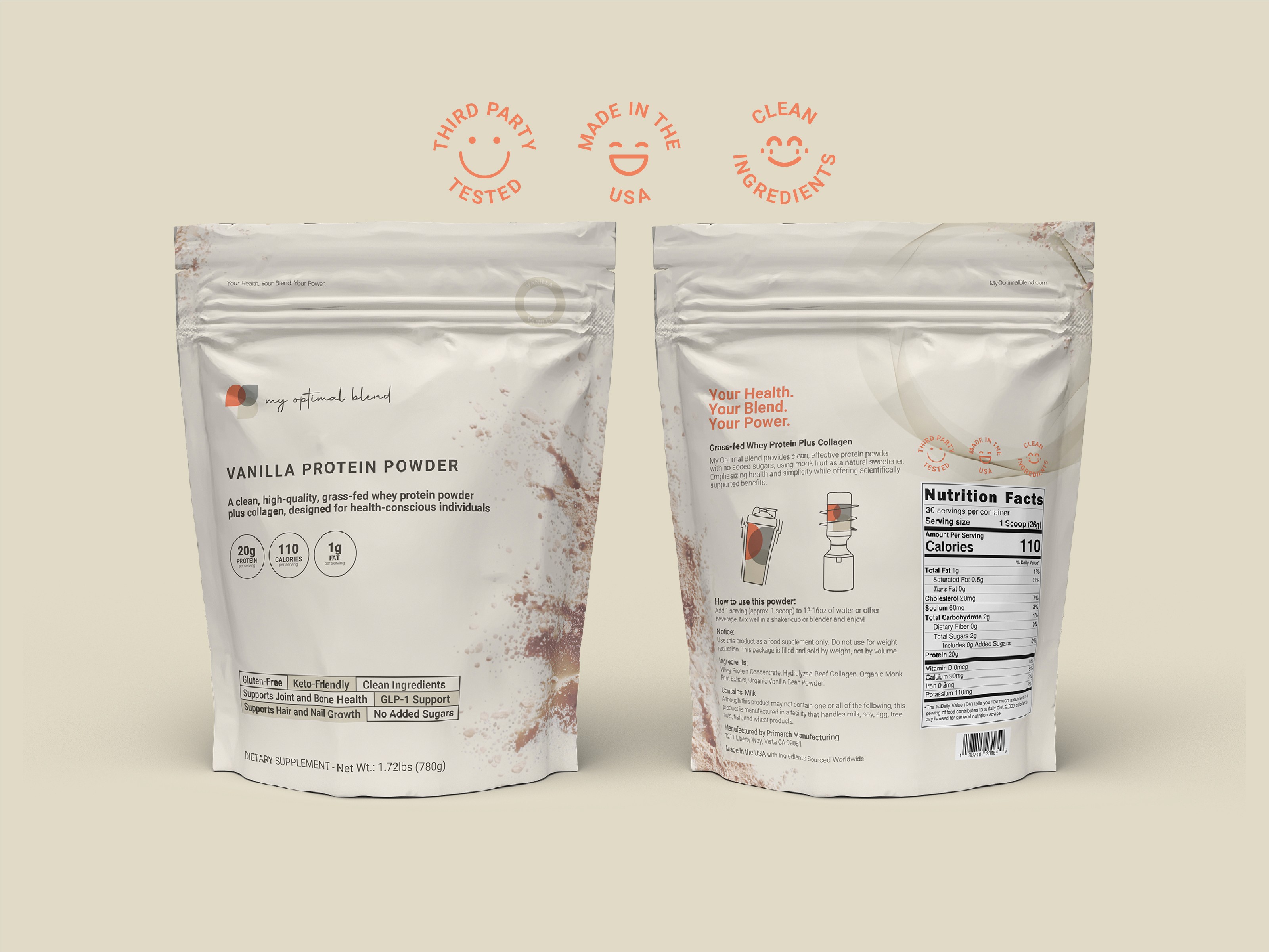 front and rear image of my optimal blend protein powder pouches