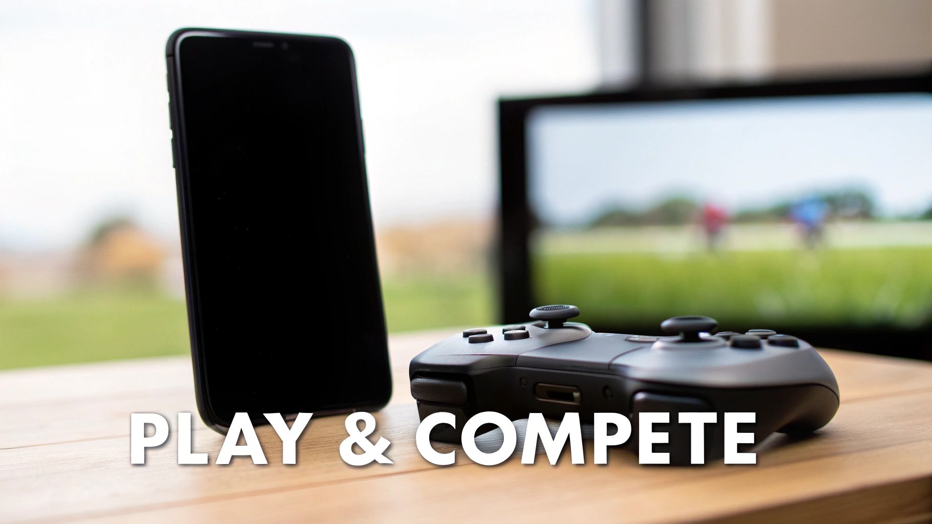 A smartphone and a gaming controller on a table, with a blurred screen showing a sports game.