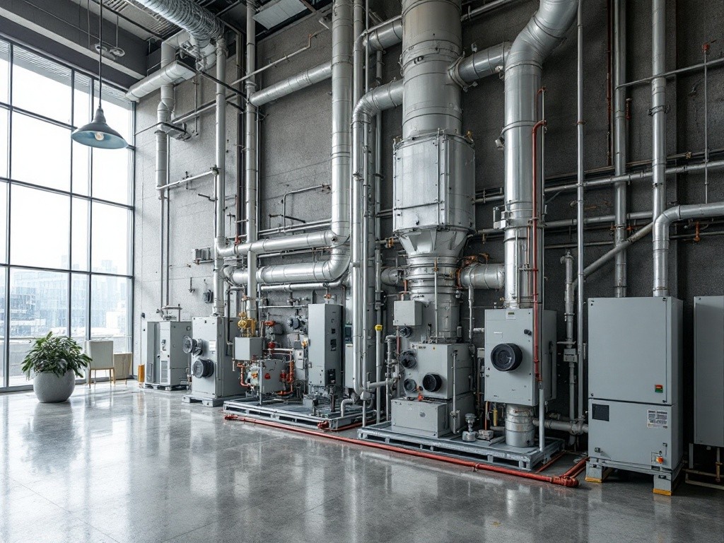 Industrial interior with large metal pipes and machinery against a concrete wall