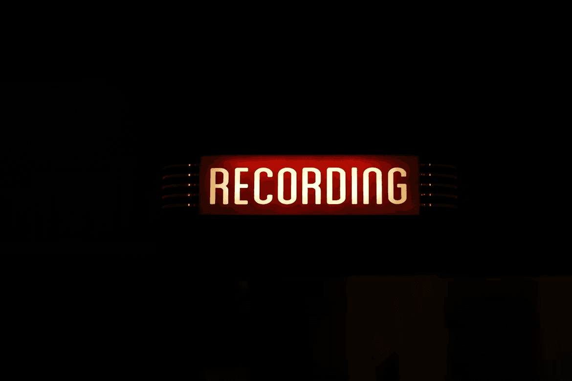 Dark room with a lit up sign that reads "Recording." Photo by Craig Pattenaude on Unsplash