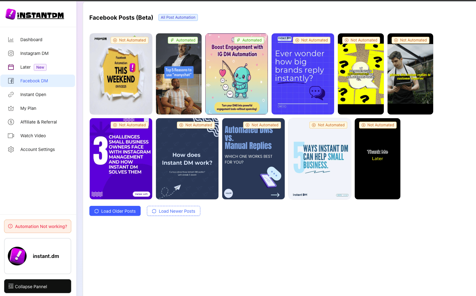 Facebook comment automation section on instantdm