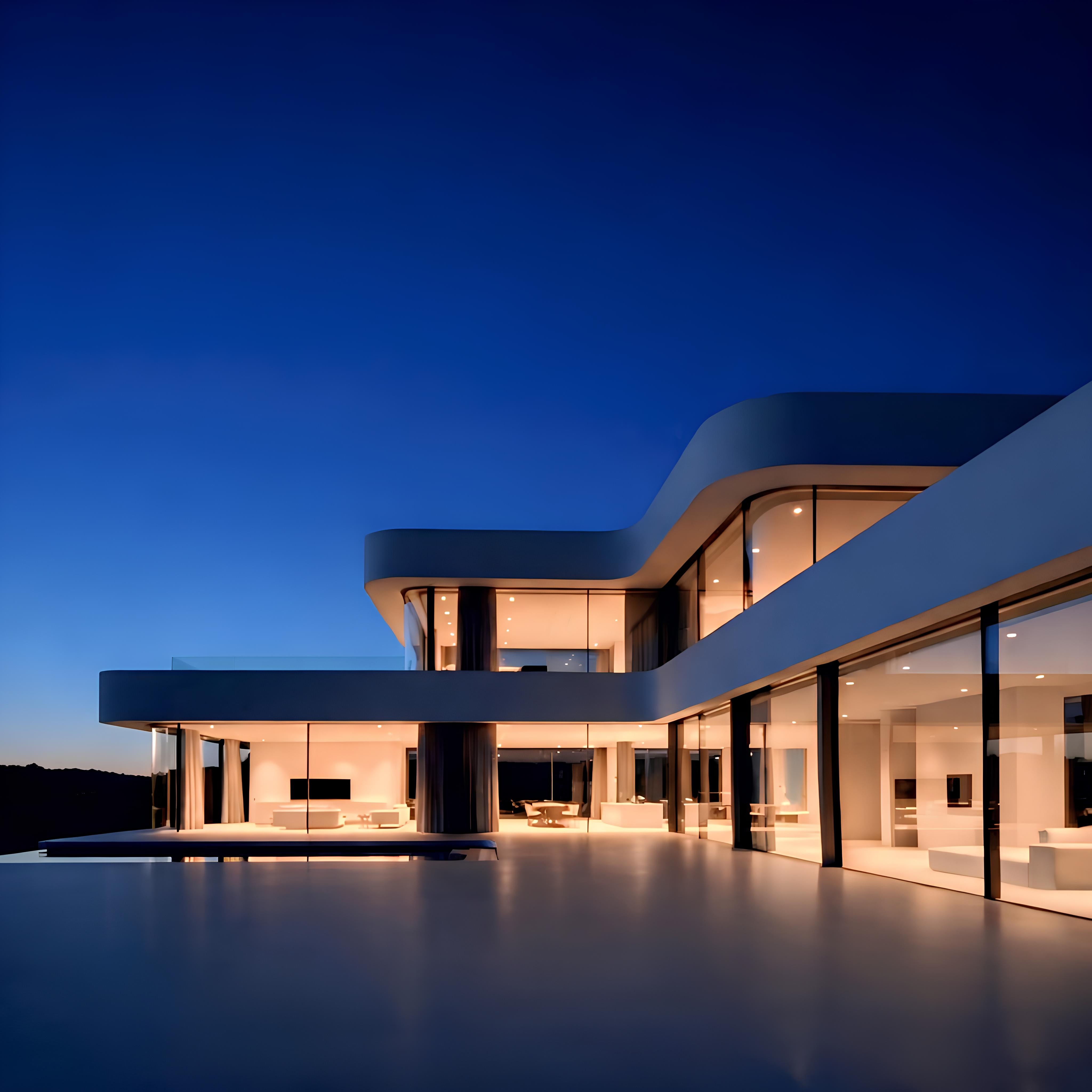 Modern minimalist building by the sea at dusk, with sleek white walls, glowing interior featuring a red chair, and a calm, serene atmosphere.